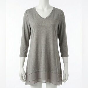 Logo Lori Goldstein Medium Grey Rayon 230 Tunic Top Layered Chiffon Ruffle Hem